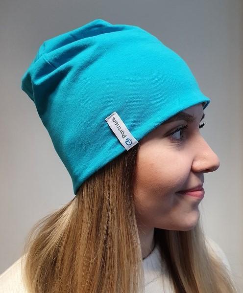 Bavlněná oboustranná čepice - tyrkys/šedá